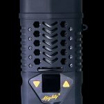 Black Storz & Bickel Mighty+ vaporizer with gold accents and a digital display.
