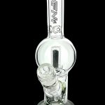 Clear glass water pipe (bong) with ice catcher and branded logo, isolated on black.