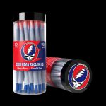 A package of 50 blue pre-rolled cones and a matching container branded with the Grateful Dead's "Steal Your Face" skull logo, part of a collaboration with Blazy Susan.