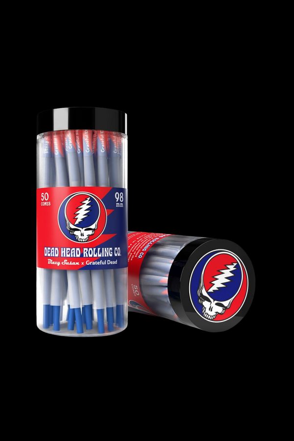 A package of 50 blue pre-rolled cones and a matching container branded with the Grateful Dead's "Steal Your Face" skull logo, part of a collaboration with Blazy Susan.