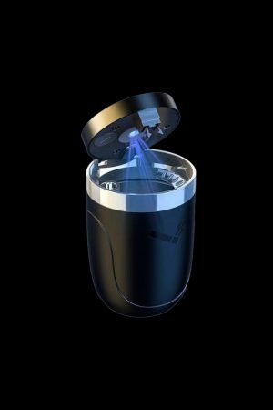 Sleek, black cannabis odor neutralizer with glowing blue air purification system.
