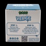 Packaging for the Ooze Verge cannabis water pipe adapter with step-by-step instructions and a QR code for more details.