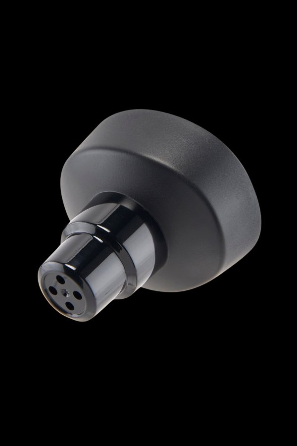 Black cannabis oil vape cartridge with a wide, rounded mouthpiece."