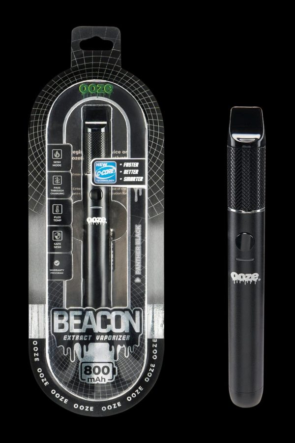 Black Ooze vaporizer pen in packaging, displaying features and 800mAh battery capacity.