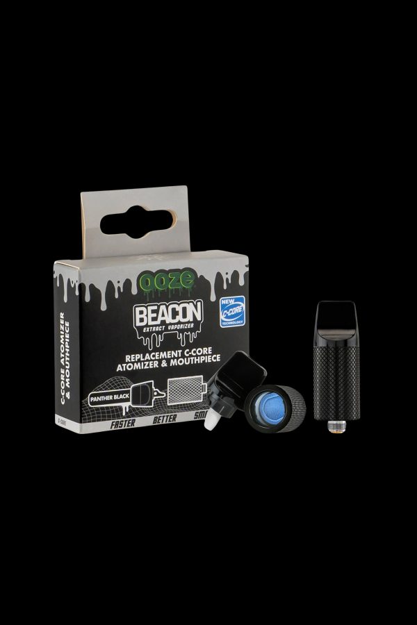 Packaging for a Goze Beacon C-Core replacement atomizer and mouthpiece for cannabis extract vaporizers, shown with the device itself.