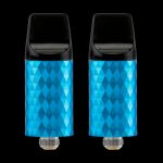 Two blue cannabis oil vape cartridges with geometric patterned bodies against a black background.