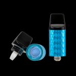 Blue cannabis oil vape cartridge disassembled, showing tank, mouthpiece, and internal components on a black background.
