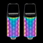 Two iridescent cannabis oil cartridges against a black background.
