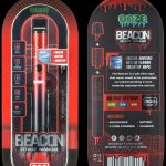 Packaging for the OOZE Beacon extract vaporizer, featuring a sleek, black and red device with product details and voltage settings.