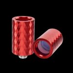 Red cannabis dab rig attachment with geometric pattern.