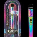 Ooze Beacon 800mAh extract vaporizer in rainbow iridescent finish, displayed with packaging showing features and branding.