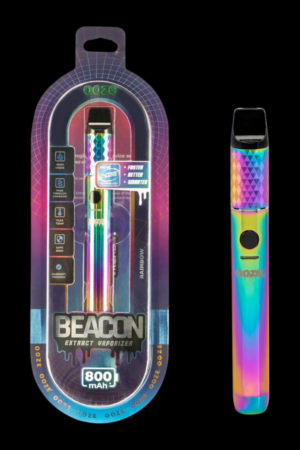 Ooze Beacon 800mAh extract vaporizer in rainbow iridescent finish, displayed with packaging showing features and branding.
