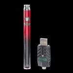 Red and black cannabis vape pen with USB charger.