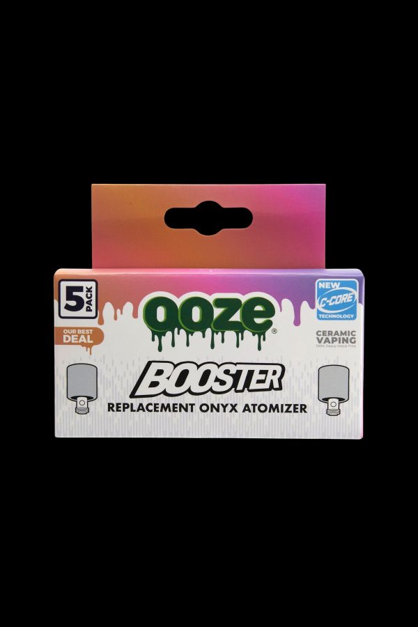 Packaging for “Ooze Booster” replacement onyx atomizers, a 5-pack for ceramic vaping.