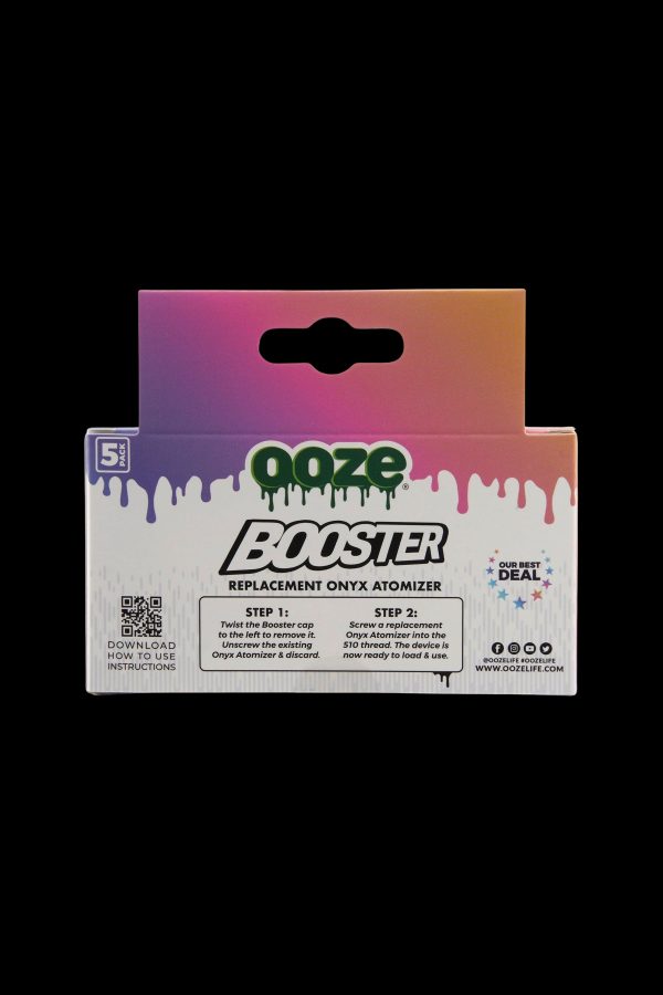 Ooze Booster replacement onyx atomizer packaging with instructions and QR code.