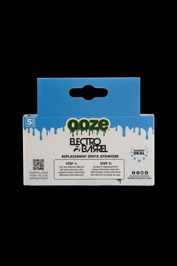 Packaging for Ooze Electro Barrel replacement Onyx atomizer, with step-by-step instructions and QR code.