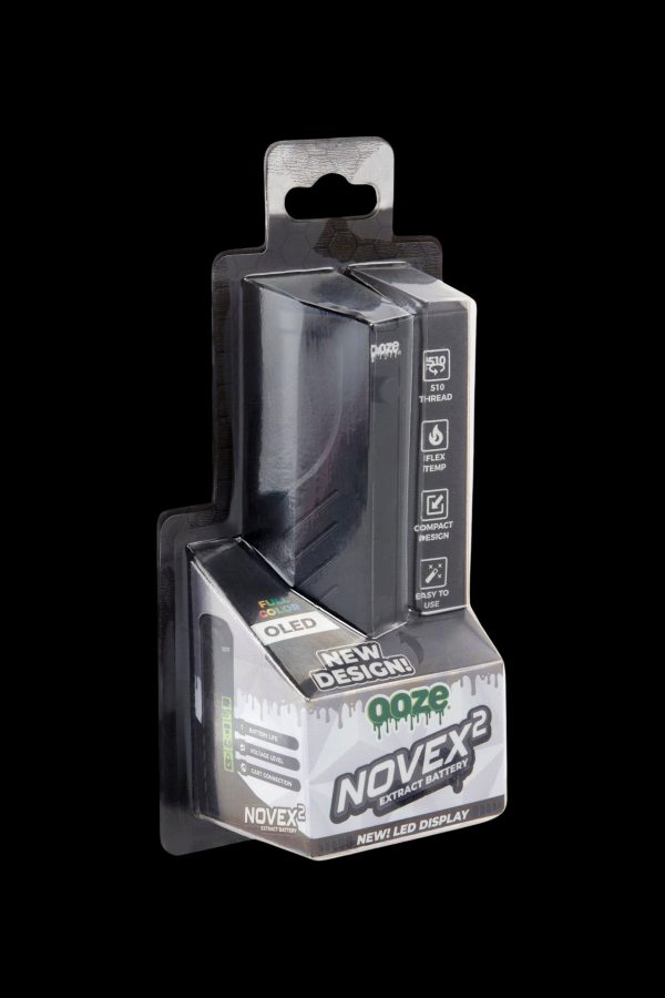 A packaged “Nooze Novex 2” cannabis vape battery with features like a 510 thread and LED display.