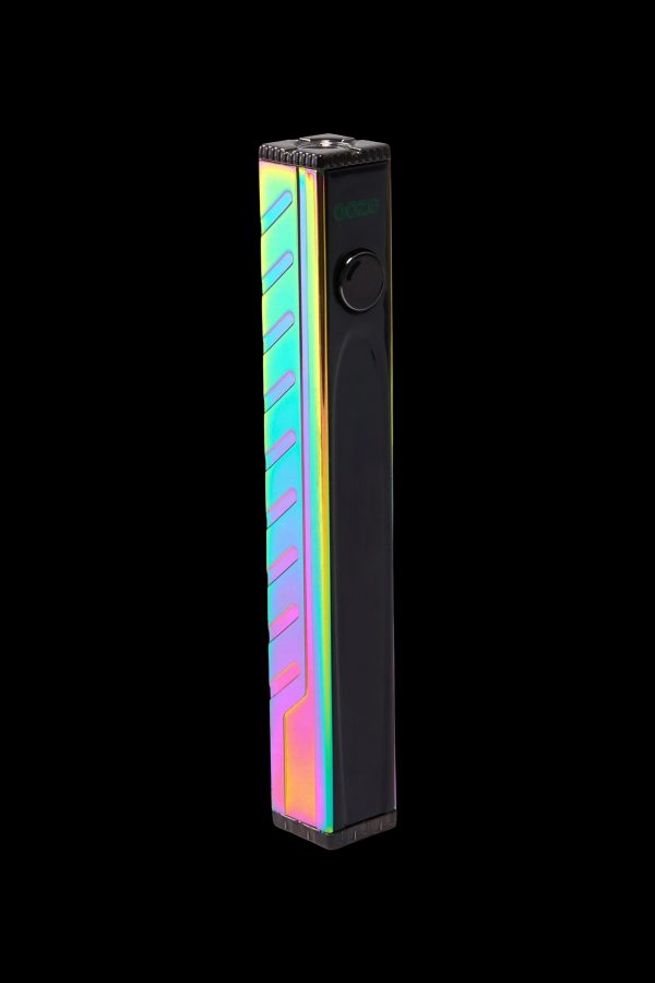 Iridescent cannabis vape pen against a black background.