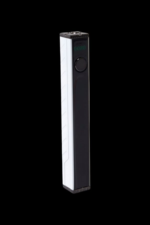 Sleek black and white cannabis vaporizer pen with a digital display.