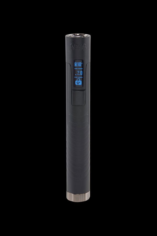 Black cannabis vaporizer pen with digital display.