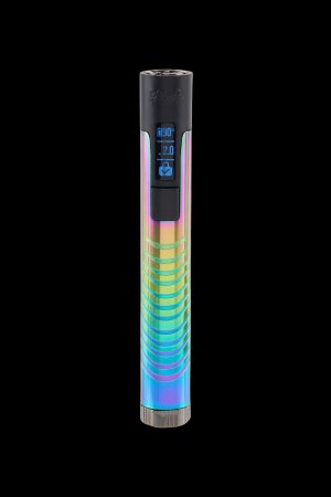 Iridescent cannabis vape pen with digital display.