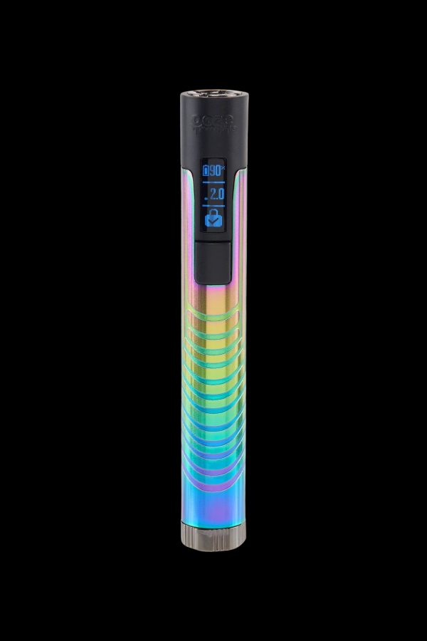 Iridescent cannabis vape pen with digital display.