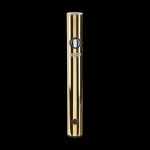 Gold cannabis vape pen on a black background.