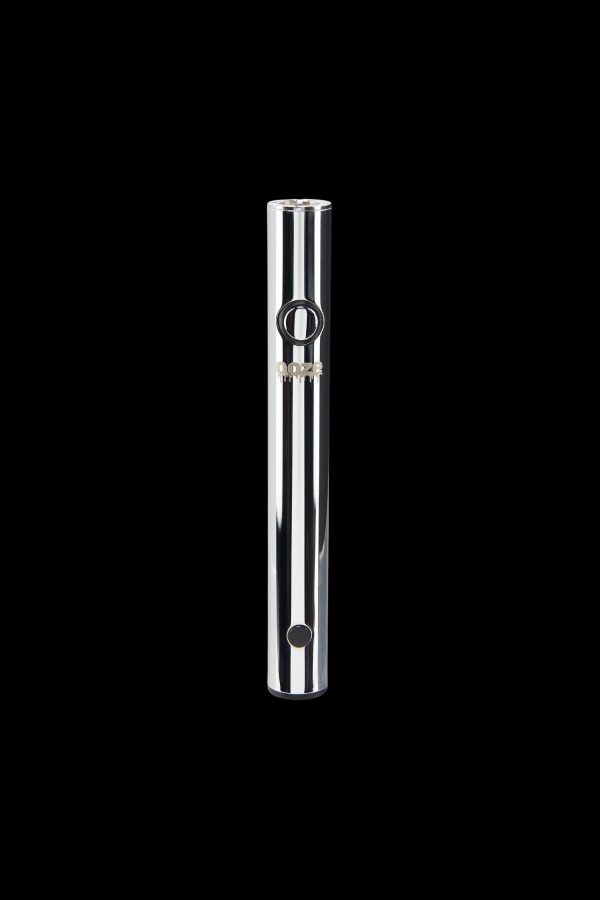 Sleek silver cannabis vape pen against a black background.
