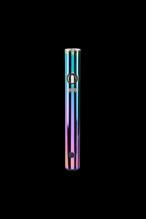 Iridescent cannabis vape pen against a black background.