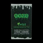 Ooze Twist vape battery packaging featuring green dripping effects, chrome finish details, adjustable voltage, and 20-second preheat mode.