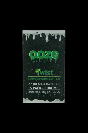 Ooze Twist vape battery packaging featuring green dripping effects, chrome finish details, adjustable voltage, and 20-second preheat mode.