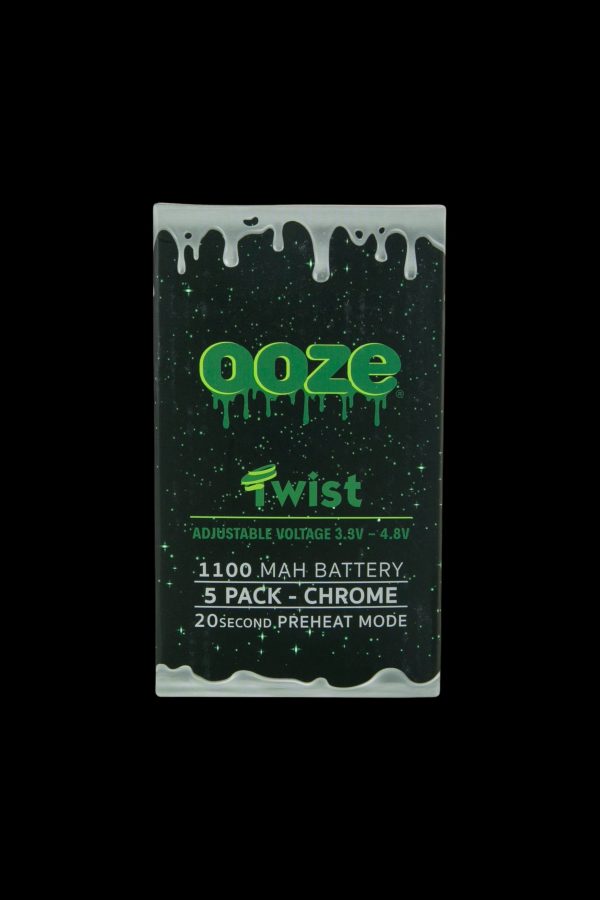 Ooze Twist vape battery packaging featuring green dripping effects, chrome finish details, adjustable voltage, and 20-second preheat mode.