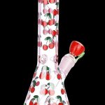 Pink glass bong decorated with red cherries.