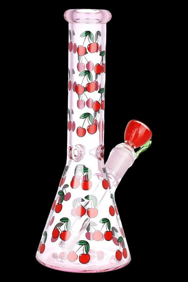 Pink glass bong decorated with red cherries.