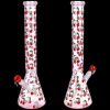 Two pink glass bongs decorated with a red cherry pattern against a black background.