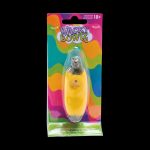 A brightly colored, hand-painted ceramic pipe marketed as a “Wacky Bowlz” smoking accessory, displayed on a blister card with an 18+ age restriction.