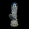 Hand-blown glass bubbler with swirling blue and silver patterns, against a black background.