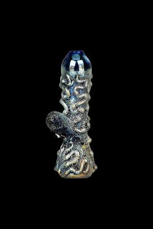 Hand-blown glass bubbler with swirling blue and silver patterns, against a black background.