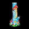 Colorful glass water pipe decorated with a skeleton, mushrooms, and rainbow details.