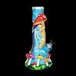 Colorful glass water pipe decorated with a skeleton, mushrooms, and rainbow details.