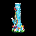 A vibrant glass bong decorated with colorful mushrooms and a rainbow against a black background.