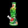 Green glass water pipe shaped like a dragon’s head with cannabis leaf detailing.