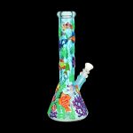 A colorful glass bong with a marine life design, isolated on a black background.