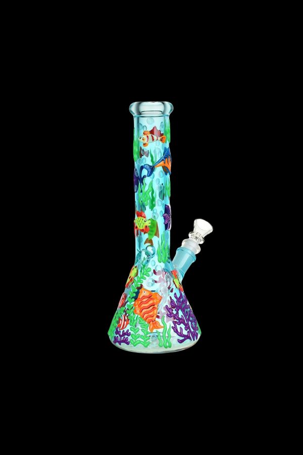 A colorful glass bong with a marine life design, isolated on a black background.