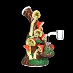Hand-blown glass dab rig shaped like a whimsical mushroom forest with a quartz banger.