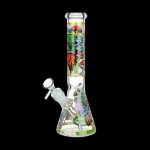 A glass bong decorated with colorful mushroom illustrations against a black background.