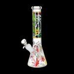 Colorful glass bong with cannabis leaf designs on a black background.