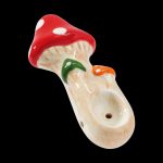 Ceramic mushroom-shaped smoking pipe with a white, beige, and red glaze.