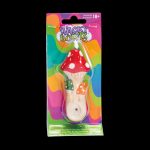 A plastic-packaged ceramic mushroom-shaped smoking bowl with a colorful, glazed finish, labeled "Wacky Bowlz" with an 18+ warning.