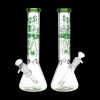 Two glass bongs with green cannabis leaf designs.